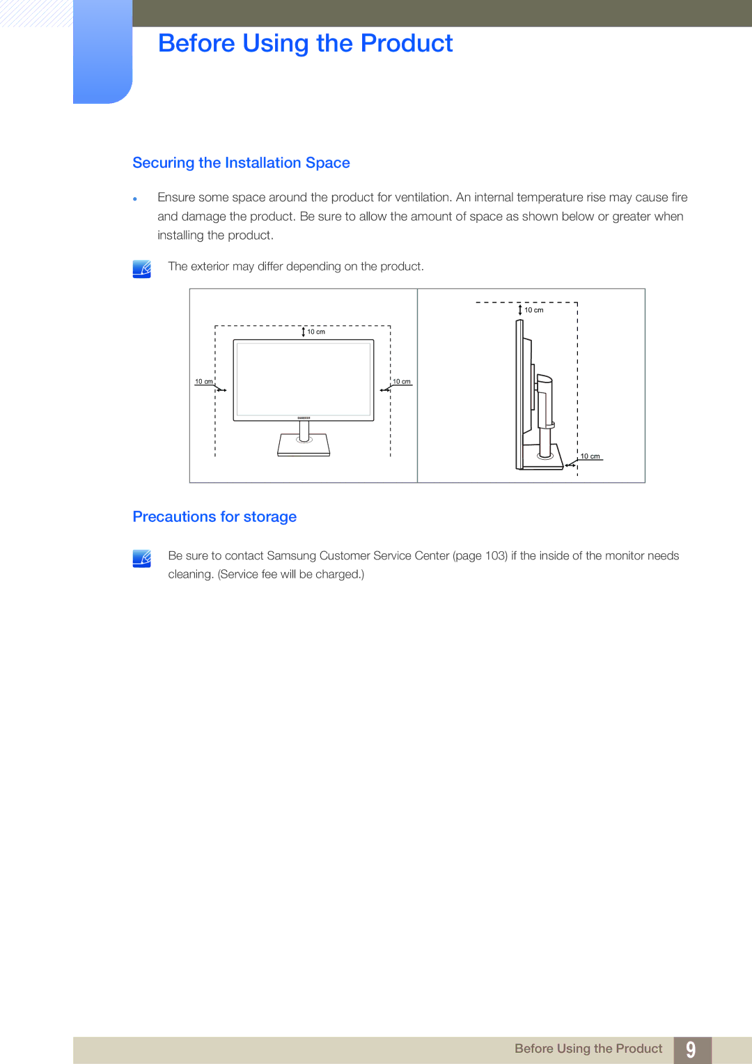 Samsung LS23C65UDS/EN, LS23C65KKS/EN, LS23C65KKC/EN, LS23C65UDC/EN Securing the Installation Space, Precautions for storage 