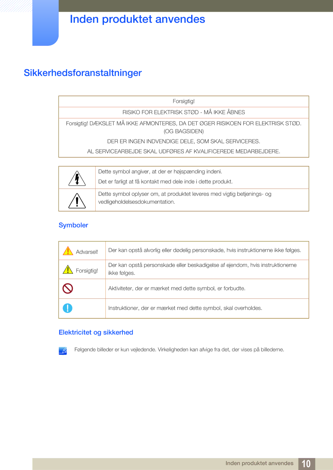 Samsung LS24C65UPC/EN, LS23C65KKS/EN, LS23C65KKC/EN manual Sikkerhedsforanstaltninger, Symboler, Elektricitet og sikkerhed 