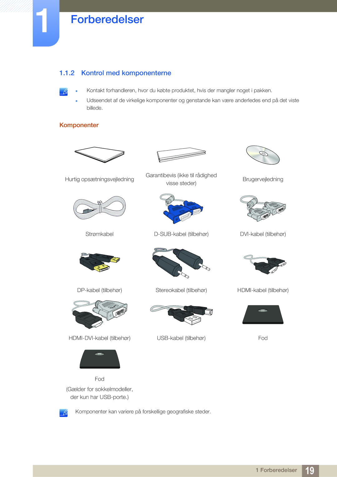 Samsung LS27C65UDS/EN, LS23C65KKS/EN, LS23C65KKC/EN, LS23C65UDC/EN, LS24C65UPL/EN manual Kontrol med komponenterne, Komponenter 