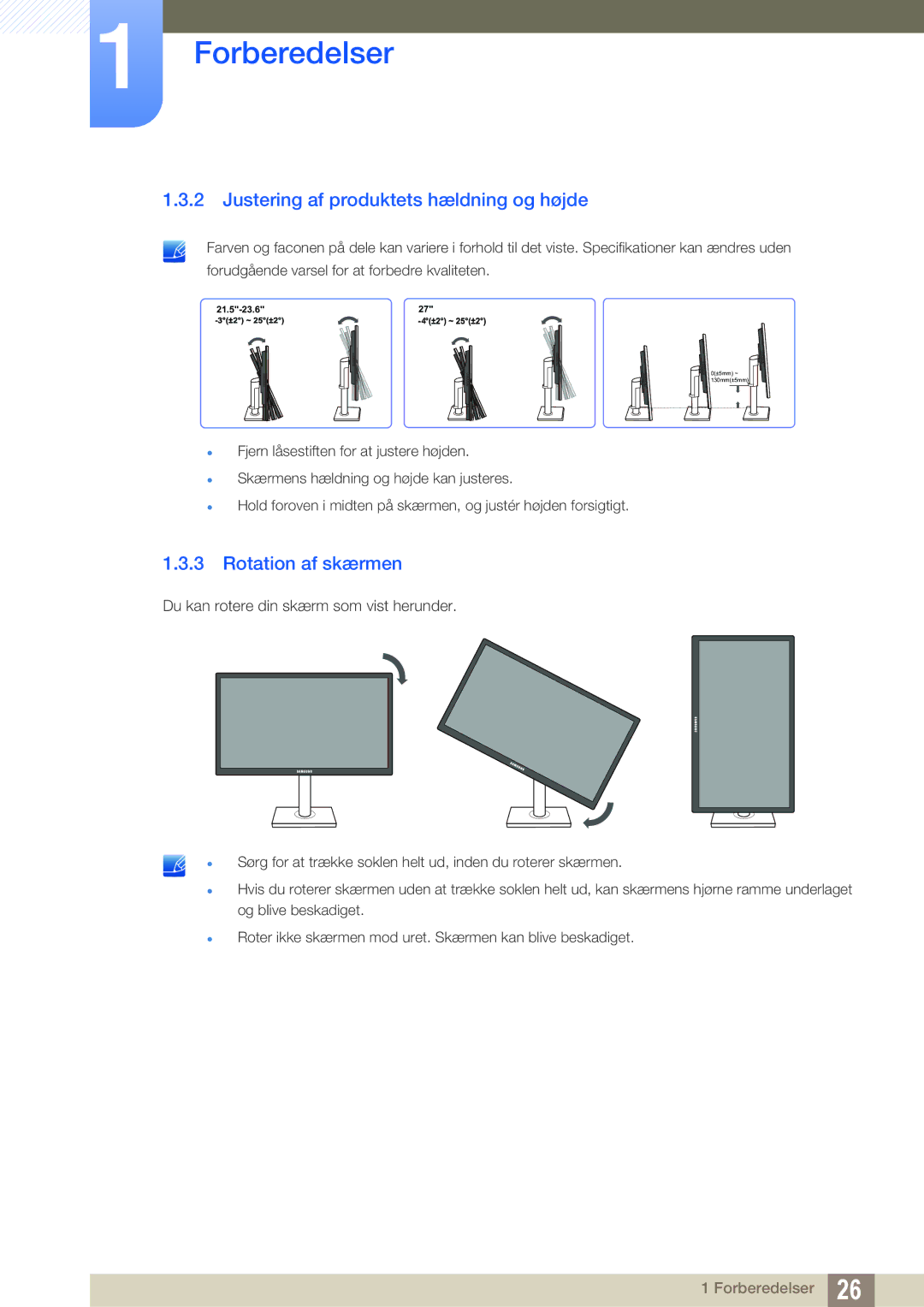 Samsung LS23C65UDC/EN, LS23C65KKS/EN, LS23C65KKC/EN manual Justering af produktets hældning og højde, Rotation af skærmen 