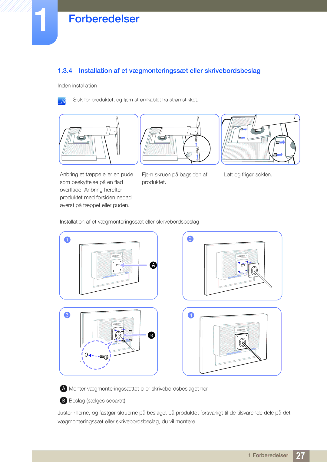 Samsung LS24C65UPL/EN, LS23C65KKS/EN, LS23C65KKC/EN manual Installation af et vægmonteringssæt eller skrivebordsbeslag 