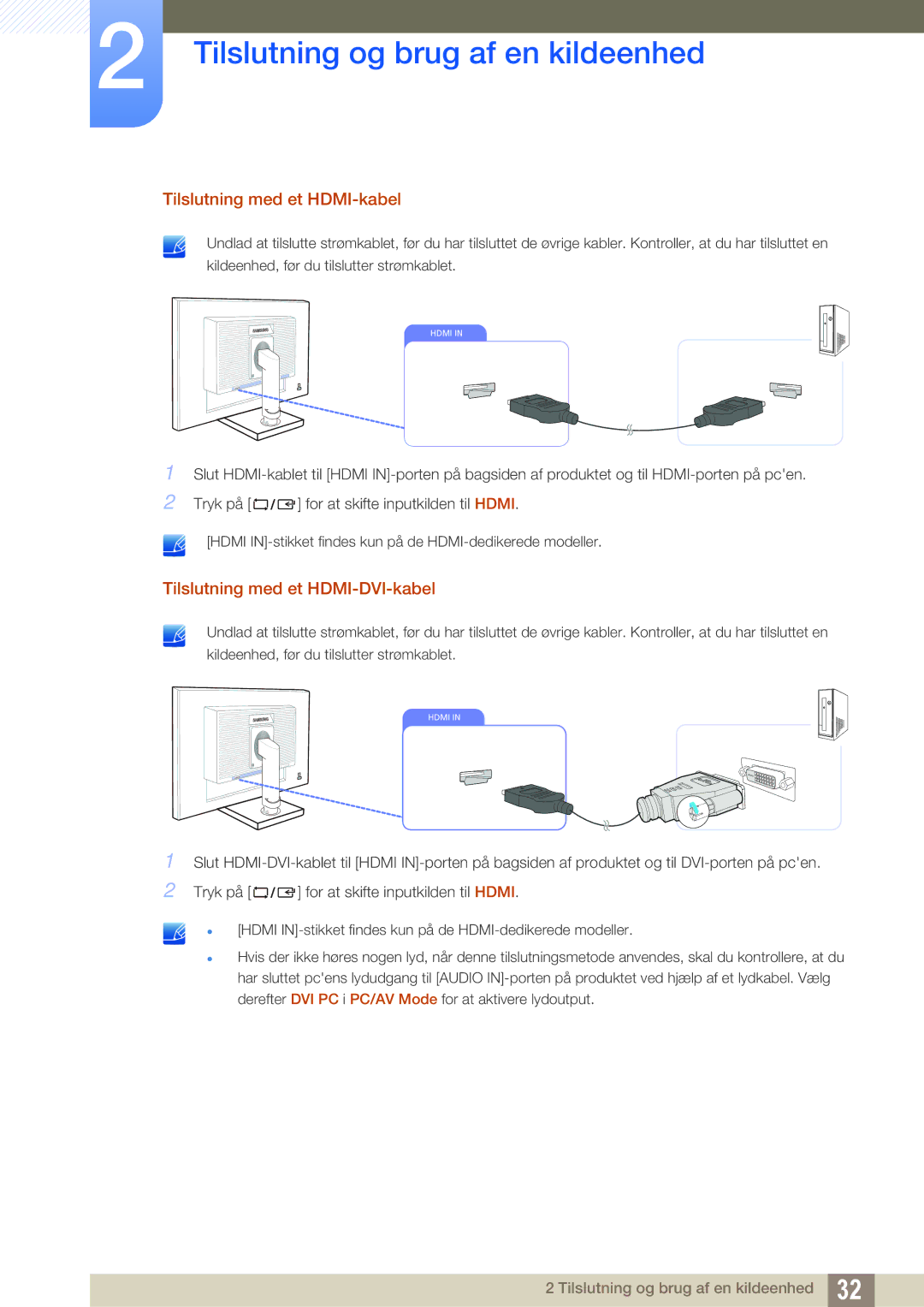 Samsung LS24C65KBWV/EN, LS23C65KKS/EN, LS23C65KKC/EN, LS23C65UDC/EN, LS24C65UPL/EN manual Tilslutning med et HDMI-kabel 