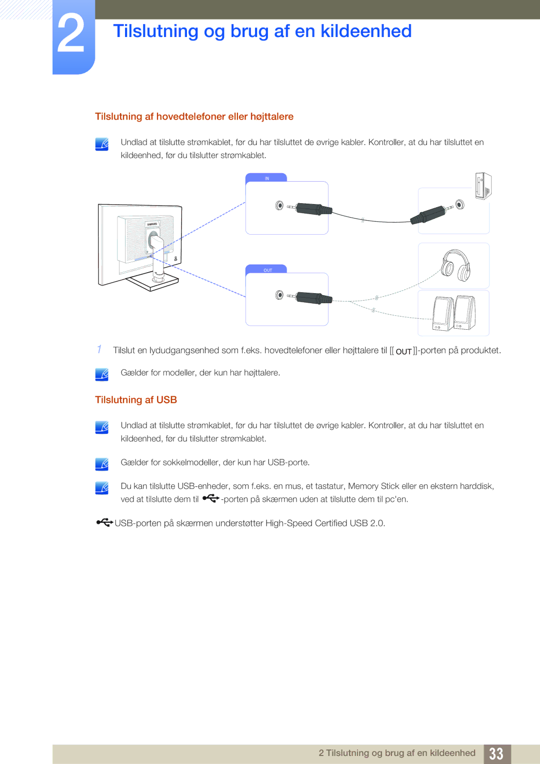 Samsung LS23C65UDS/EN, LS23C65KKS/EN, LS23C65KKC/EN, LS23C65UDC/EN manual Tilslutning af hovedtelefoner eller højttalere 