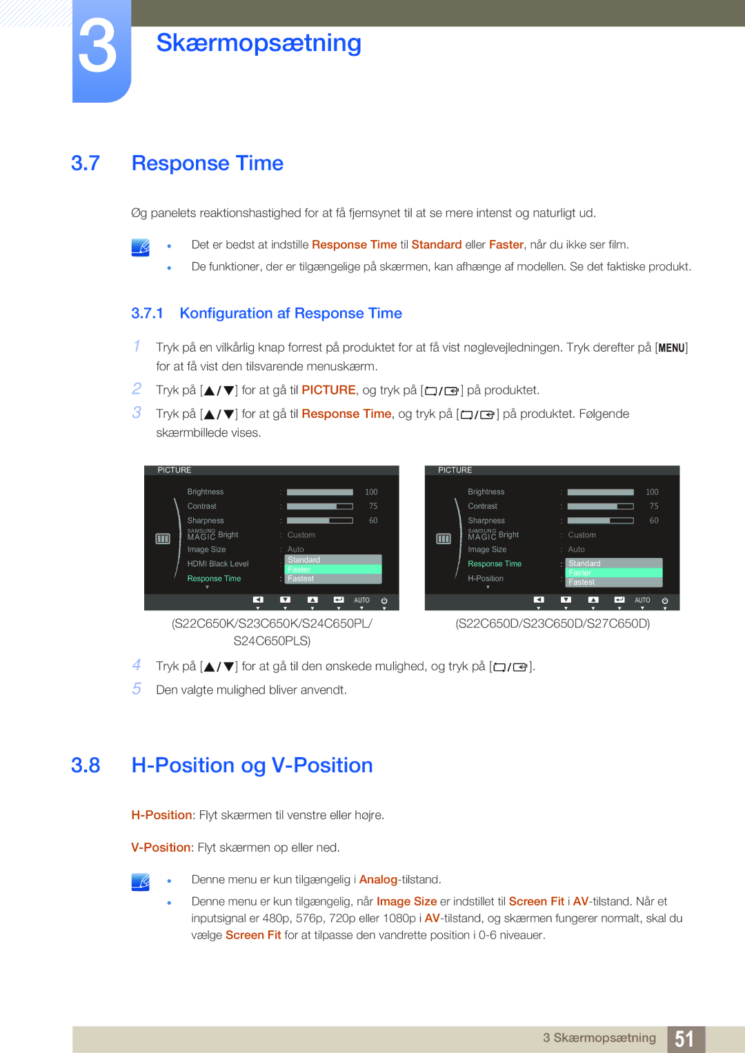 Samsung LS24C65UPL/EN, LS23C65KKS/EN, LS23C65KKC/EN manual Position og V-Position, Konfiguration af Response Time 