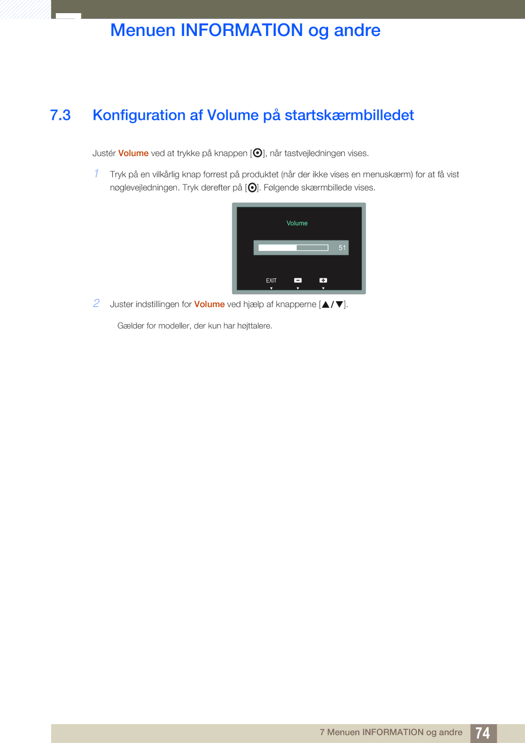 Samsung LS23C65UDC/EN, LS23C65KKS/EN, LS23C65KKC/EN, LS24C65UPL/EN manual Konfiguration af Volume på startskærmbilledet 