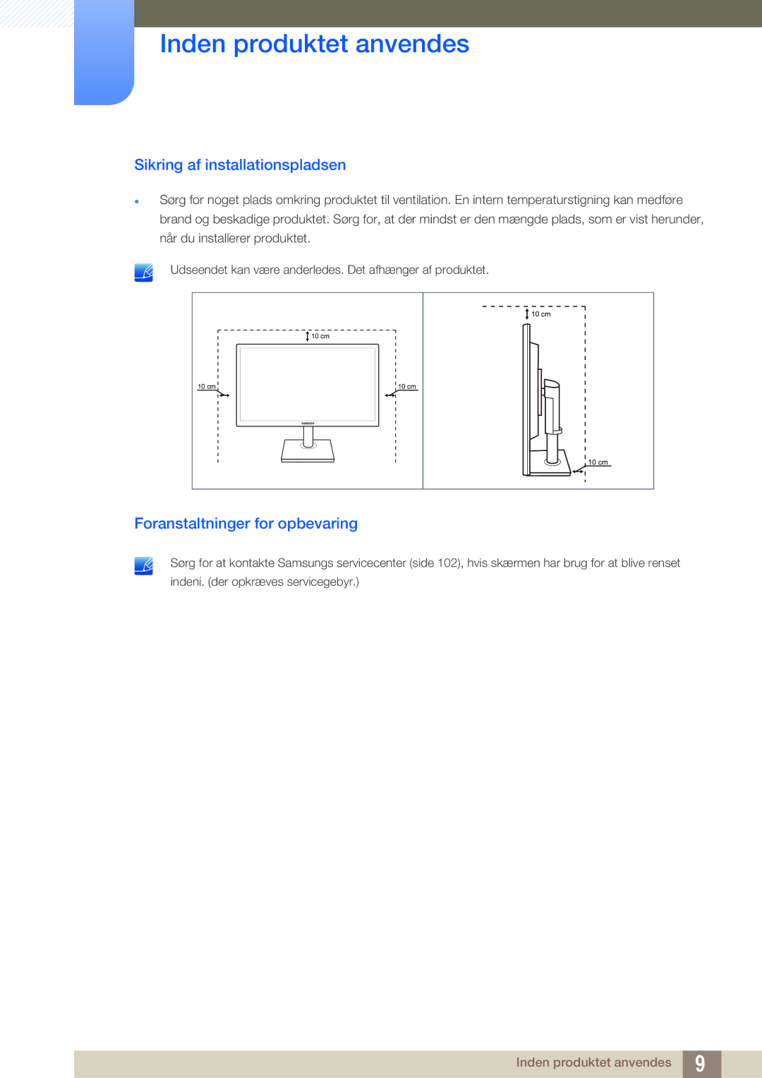 Samsung LS23C65UDS/EN, LS23C65KKS/EN, LS23C65KKC/EN manual Sikring af installationspladsen, Foranstaltninger for opbevaring 