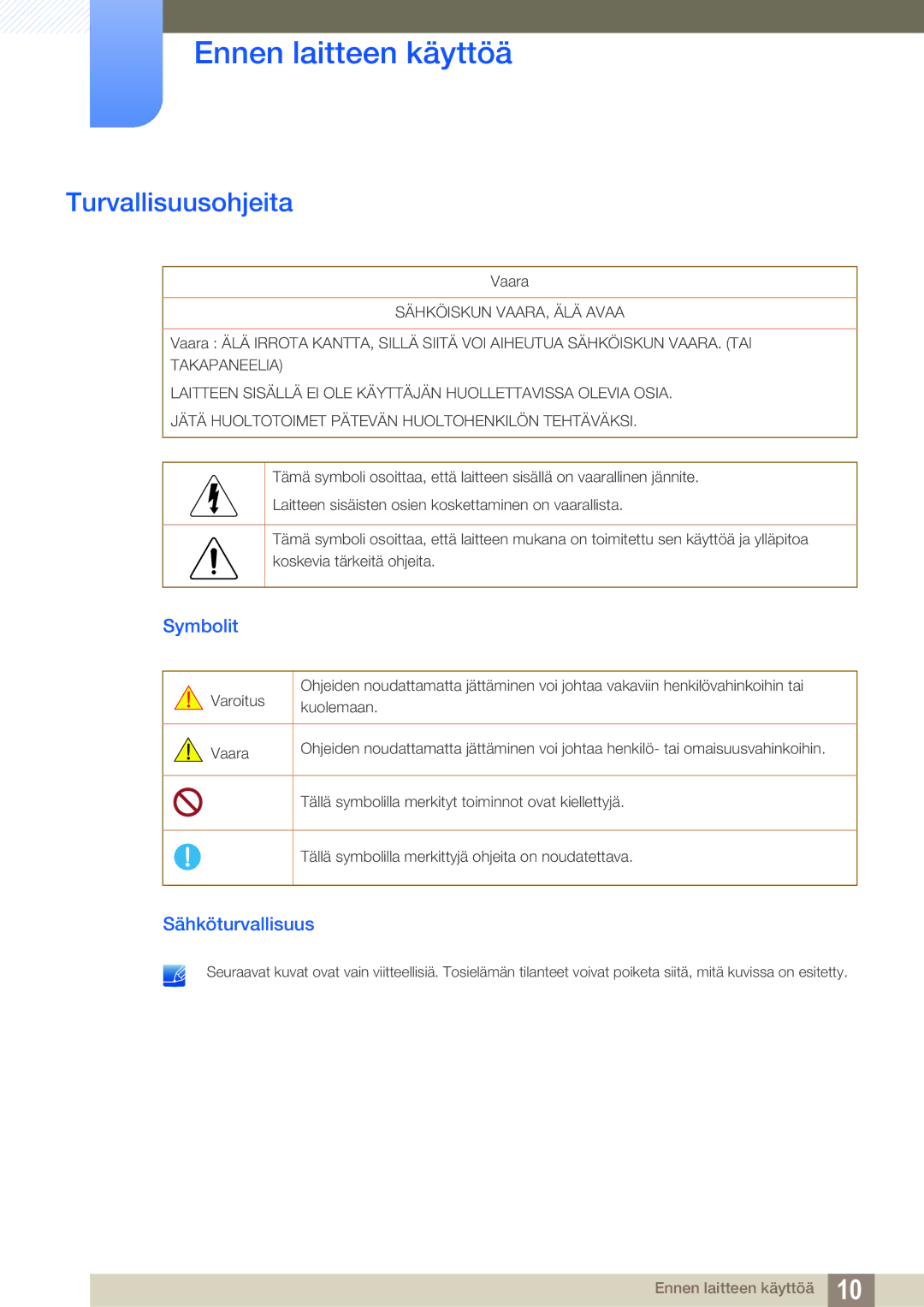 Samsung LS24C65UPC/EN, LS23C65KKS/EN, LS23C65KKC/EN, LS23C65UDC/EN manual Turvallisuusohjeita, Symbolit, Sähköturvallisuus 