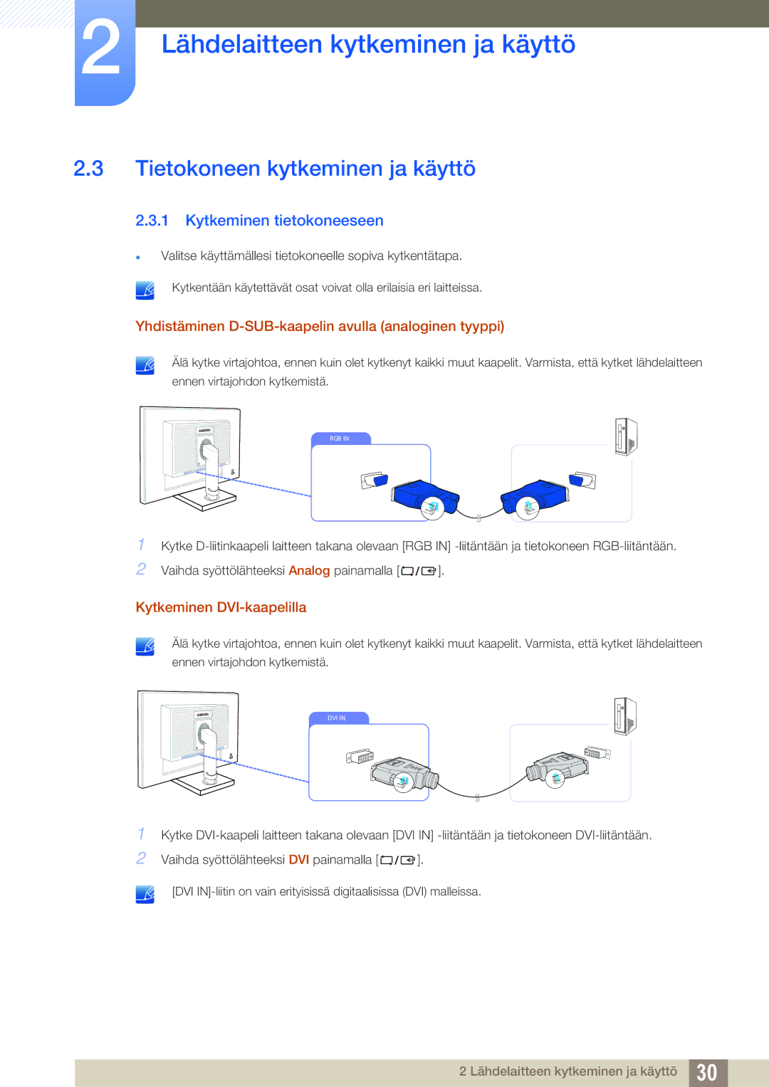 Samsung LS22C65UDS/EN manual Tietokoneen kytkeminen ja käyttö, Kytkeminen tietokoneeseen, Kytkeminen DVI-kaapelilla 