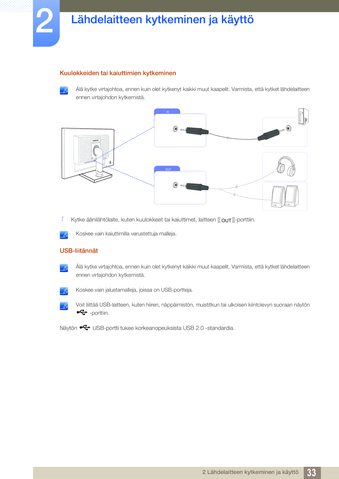 Samsung LS23C65UDS/EN, LS23C65KKS/EN, LS23C65KKC/EN, LS23C65UDC/EN Kuulokkeiden tai kaiuttimien kytkeminen, USB-liitännät 