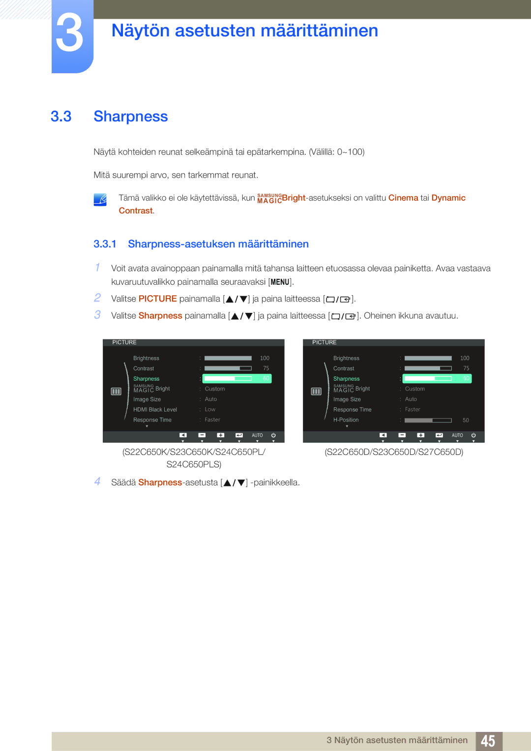 Samsung LS23C65UDS/EN, LS23C65KKS/EN, LS23C65KKC/EN, LS23C65UDC/EN, LS24C65UPL/EN manual Sharpness-asetuksen määrittäminen 