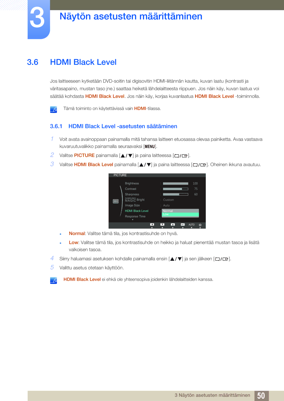 Samsung LS23C65UDC/EN, LS23C65KKS/EN, LS23C65KKC/EN, LS24C65UPL/EN, LS22C65UDC/EN Hdmi Black Level -asetusten säätäminen 