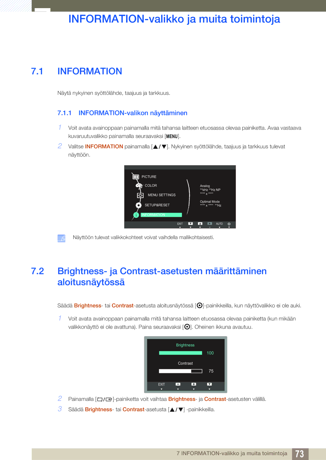 Samsung LS23C65KKC/EN, LS23C65KKS/EN manual INFORMATION-valikko ja muita toimintoja, INFORMATION-valikon näyttäminen 