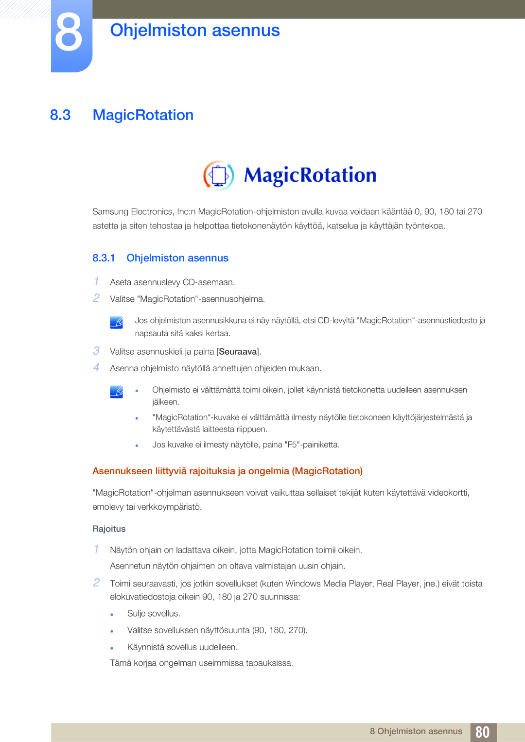 Samsung LS24C65KBWV/EN, LS23C65KKS/EN, LS23C65KKC/EN manual Asennukseen liittyviä rajoituksia ja ongelmia MagicRotation 