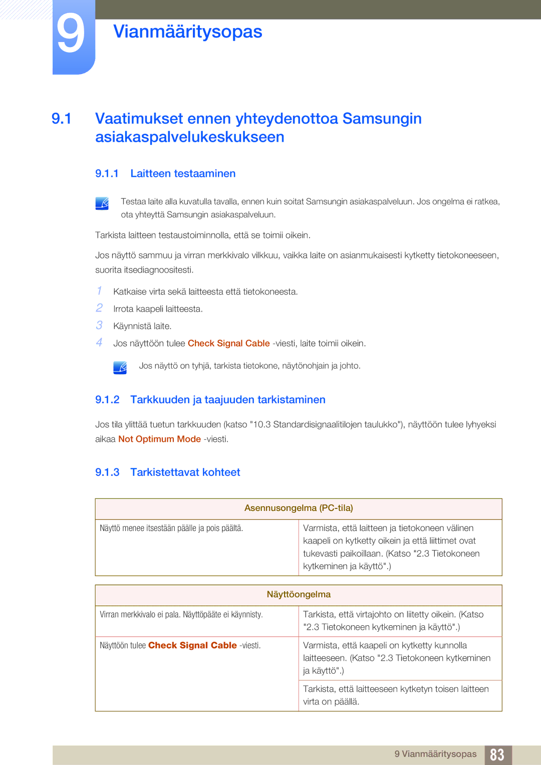 Samsung LS24C65UPCK/EN, LS23C65KKS/EN manual Vianmääritysopas, Laitteen testaaminen, Tarkkuuden ja taajuuden tarkistaminen 