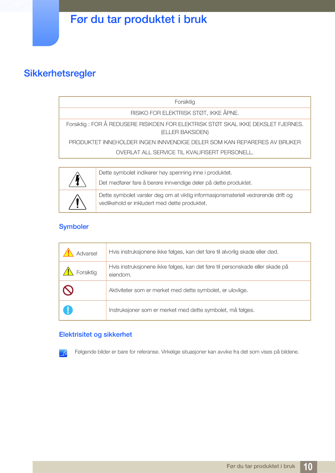 Samsung LS24C65UPC/EN, LS23C65KKS/EN, LS23C65KKC/EN, LS23C65UDC/EN Sikkerhetsregler, Symboler, Elektrisitet og sikkerhet 