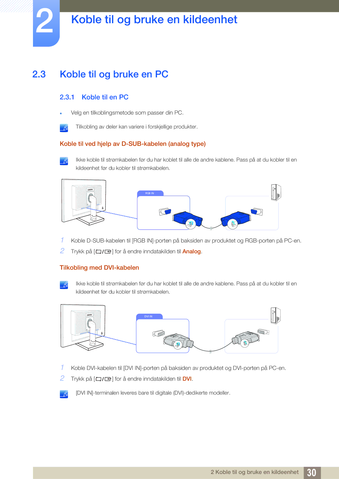 Samsung LS22C65UDS/EN manual Koble til og bruke en PC, Koble til en PC, Koble til ved hjelp av D-SUB-kabelen analog type 