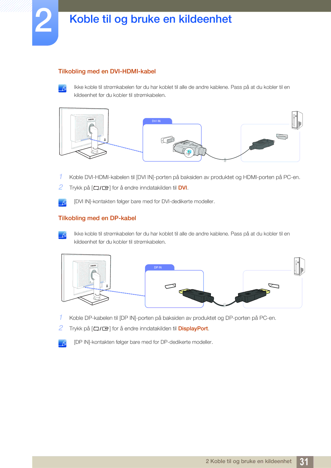 Samsung LS27C65UDS/EN, LS23C65KKS/EN, LS23C65KKC/EN manual Tilkobling med en DVI-HDMI-kabel, Tilkobling med en DP-kabel 