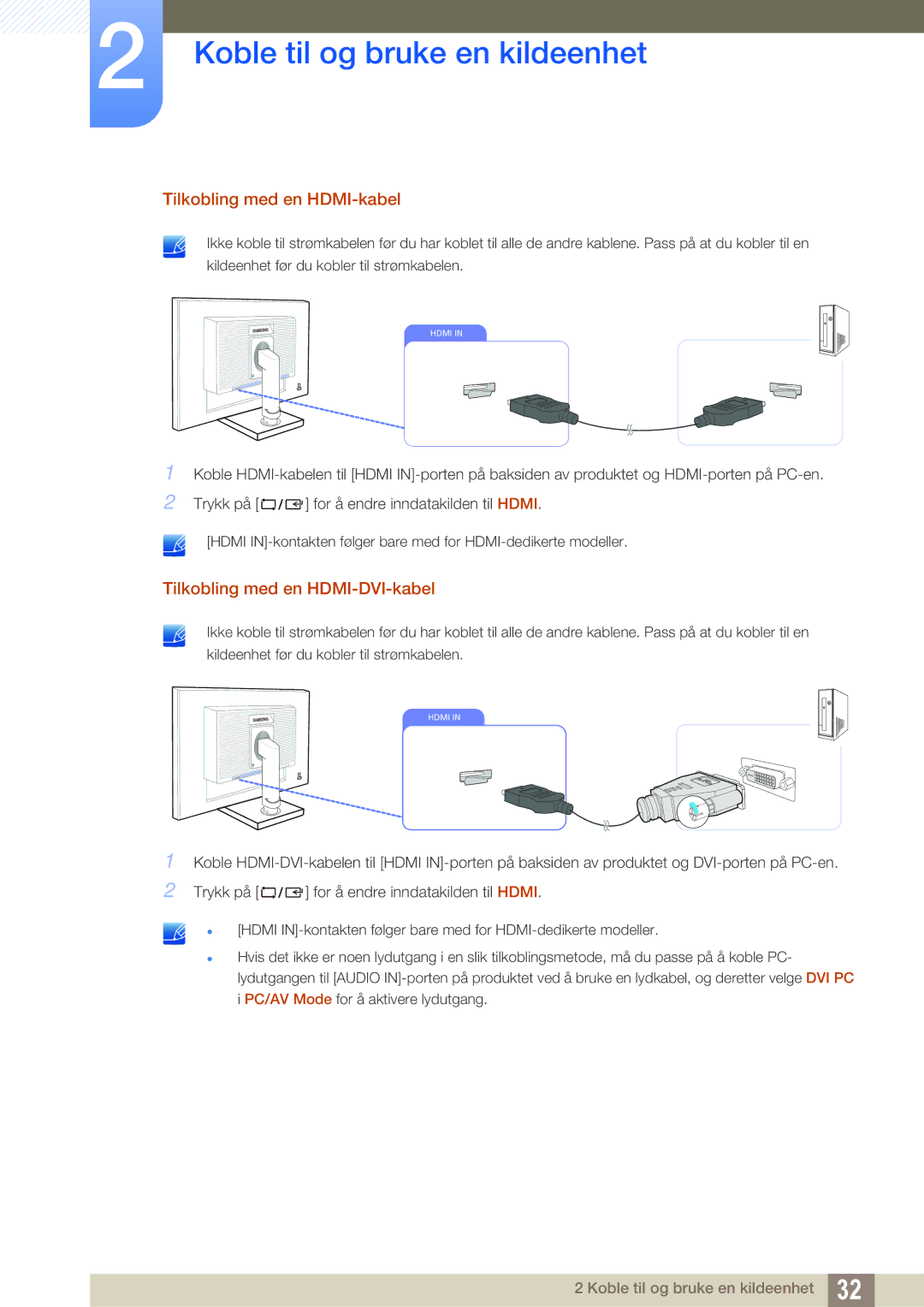 Samsung LS24C65KBWV/EN, LS23C65KKS/EN, LS23C65KKC/EN manual Tilkobling med en HDMI-kabel, Tilkobling med en HDMI-DVI-kabel 