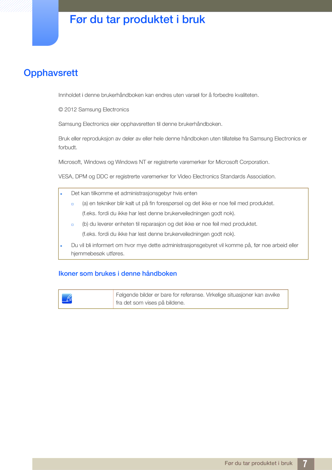 Samsung LS27C65UDS/EN, LS23C65KKS/EN manual Før du tar produktet i bruk, Opphavsrett, Ikoner som brukes i denne håndboken 