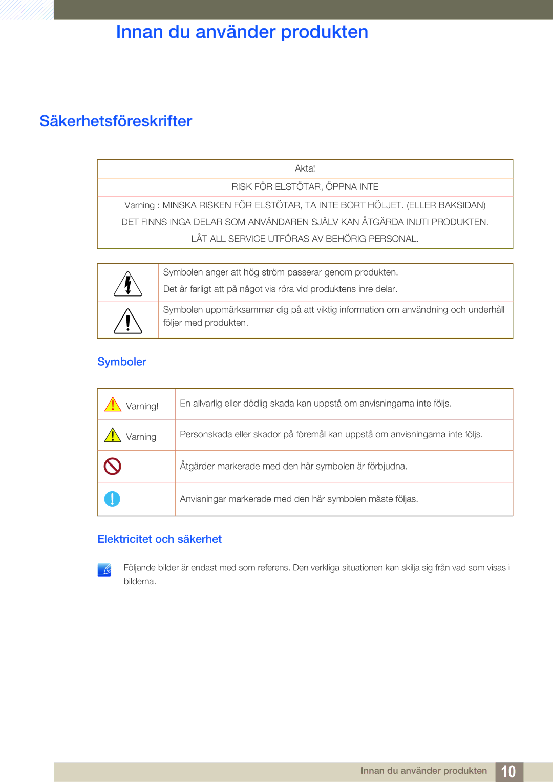 Samsung LS24C65UPC/EN, LS23C65KKS/EN, LS23C65KKC/EN manual Säkerhetsföreskrifter, Symboler, Elektricitet och säkerhet 