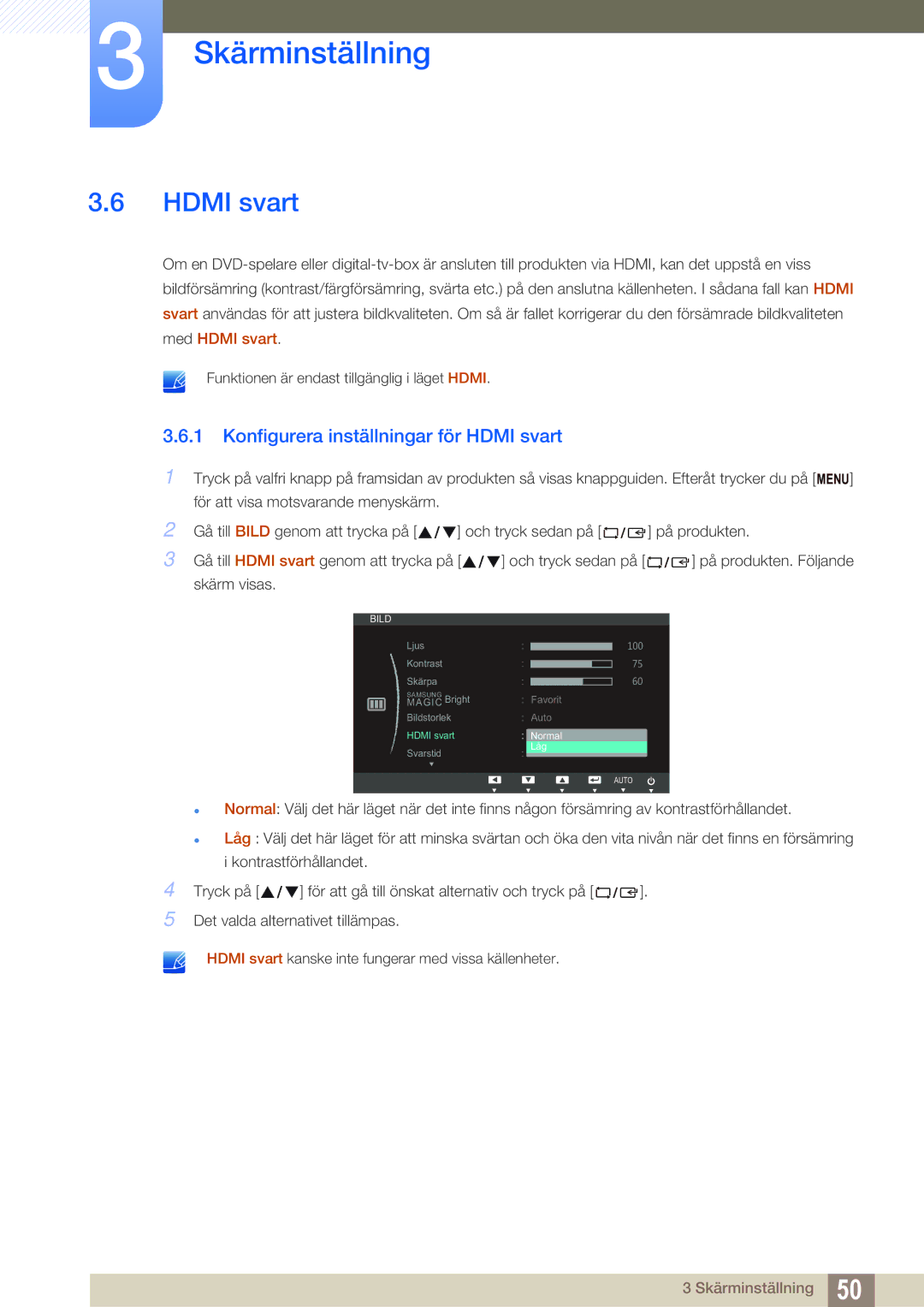 Samsung LS23C65UDC/EN, LS23C65KKS/EN, LS23C65KKC/EN, LS24C65UPL/EN manual Konfigurera inställningar för Hdmi svart 