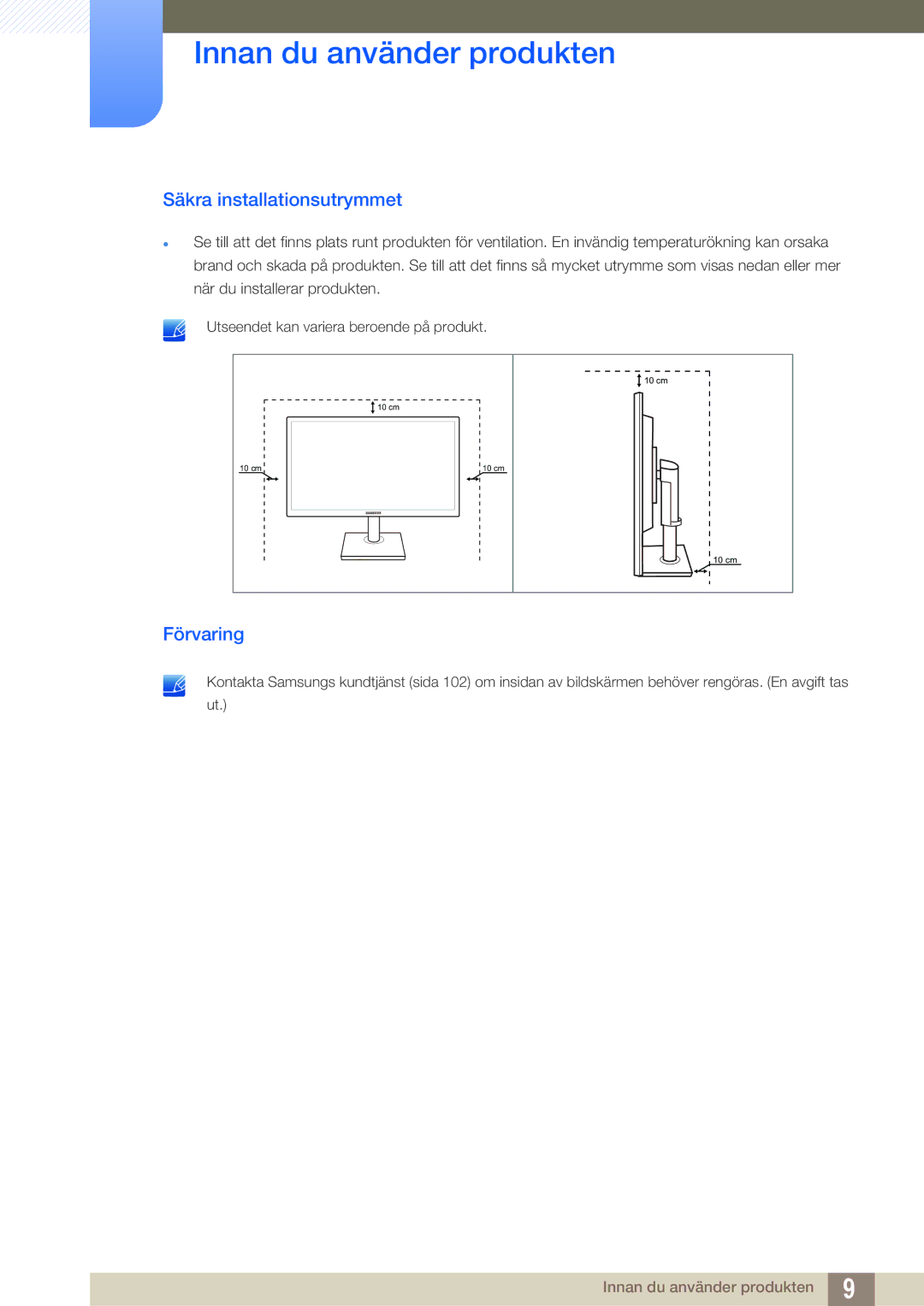 Samsung LS23C65UDS/EN, LS23C65KKS/EN, LS23C65KKC/EN, LS23C65UDC/EN, LS24C65UPL/EN manual Säkra installationsutrymmet, Förvaring 