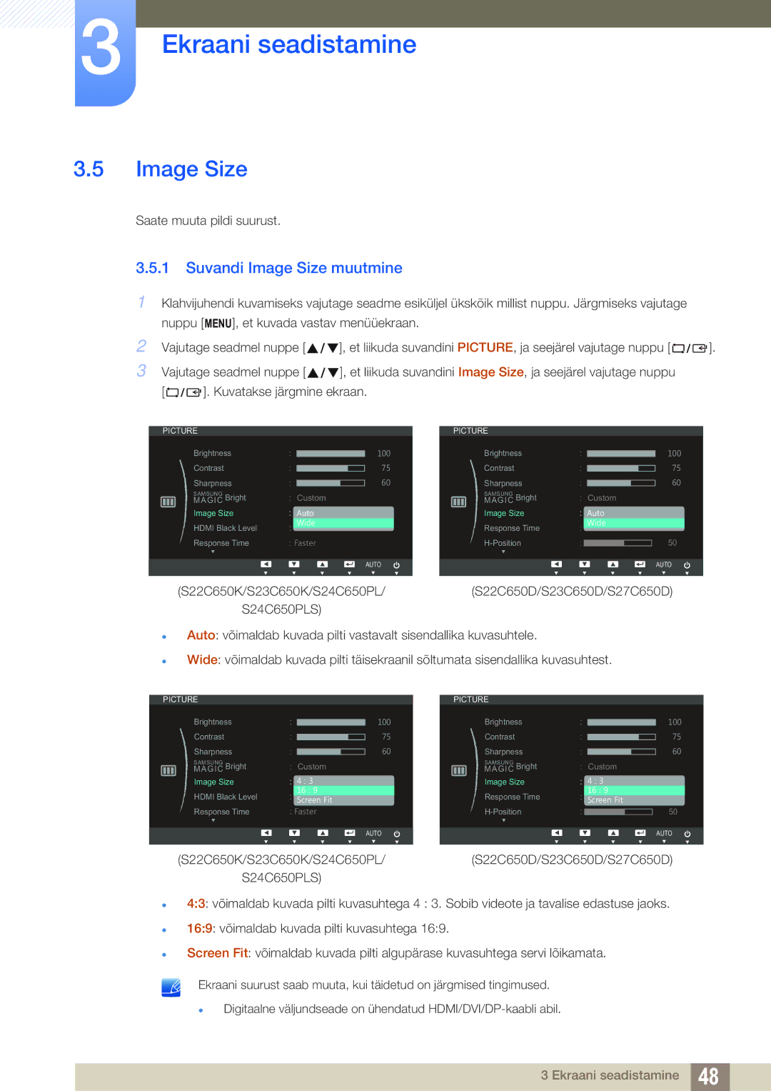Samsung LS23C65KKS/EN, LS23C65KKC/EN, LS23C65UDC/EN, LS24C65UPL/EN, LS22C65UDC/EN manual Suvandi Image Size muutmine 