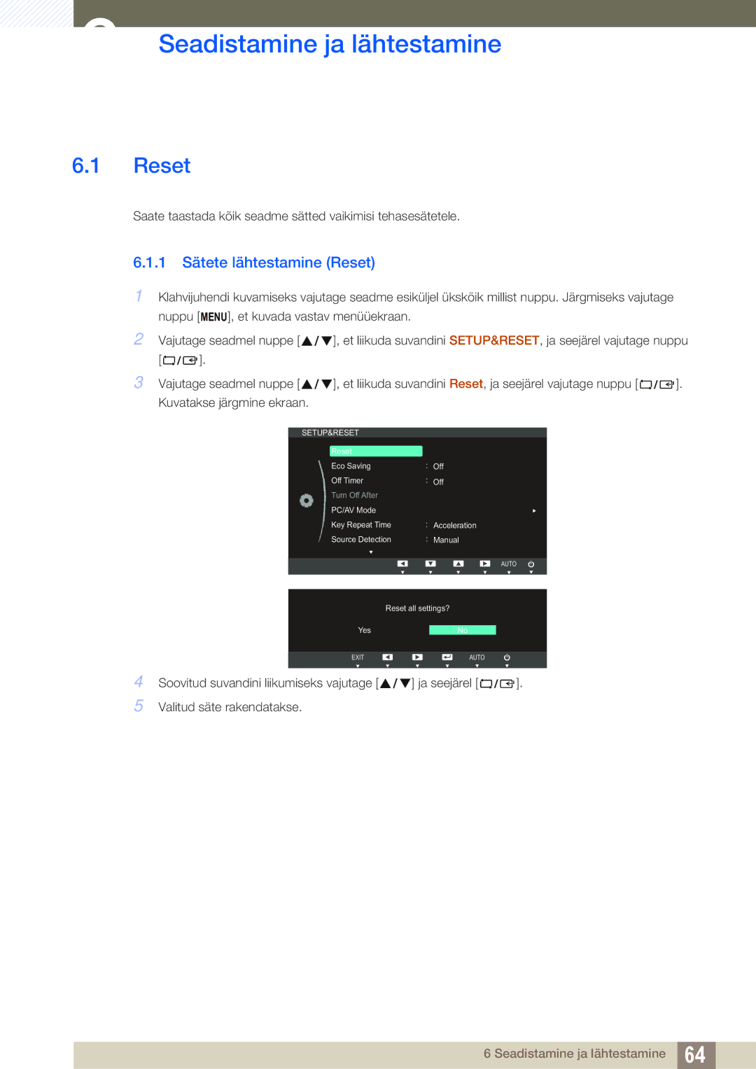 Samsung LS22C65UDC/EN, LS23C65KKS/EN, LS23C65KKC/EN manual Seadistamine ja lähtestamine, 1 Sätete lähtestamine Reset 