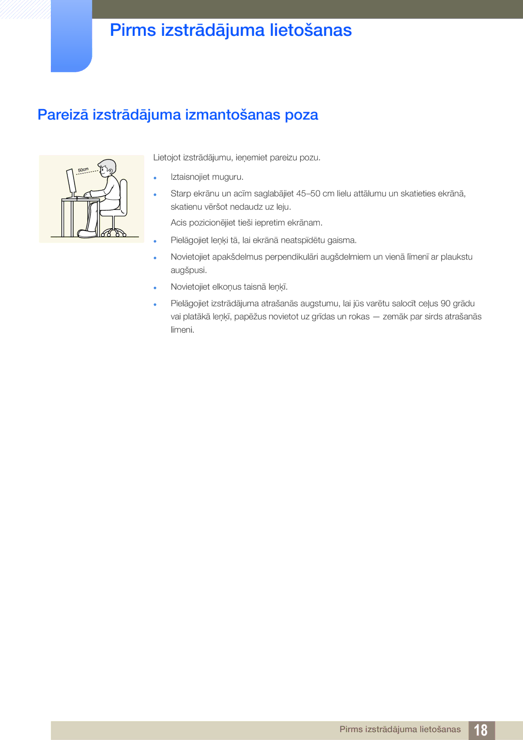 Samsung LS22C65UDS/EN, LS23C65KKS/EN, LS23C65KKC/EN, LS23C65UDC/EN, LS24C65UPL/EN manual Pareizā izstrādājuma izmantošanas poza 