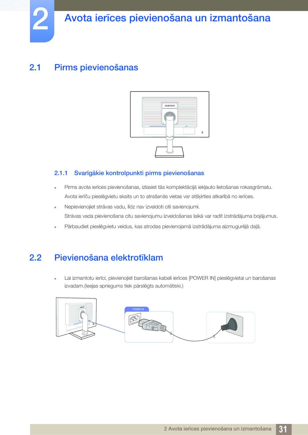 Samsung LS27C65UDS/EN manual Avota ierīces pievienošana un izmantošana, Pirms pievienošanas, Pievienošana elektrotīklam 