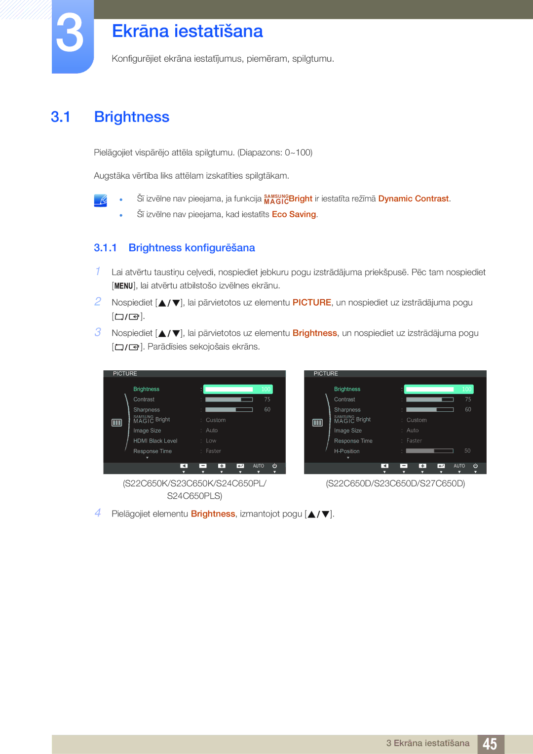 Samsung LS23C65UDS/EN, LS23C65KKS/EN, LS23C65KKC/EN, LS23C65UDC/EN manual Ekrāna iestatīšana, Brightness konfigurēšana 