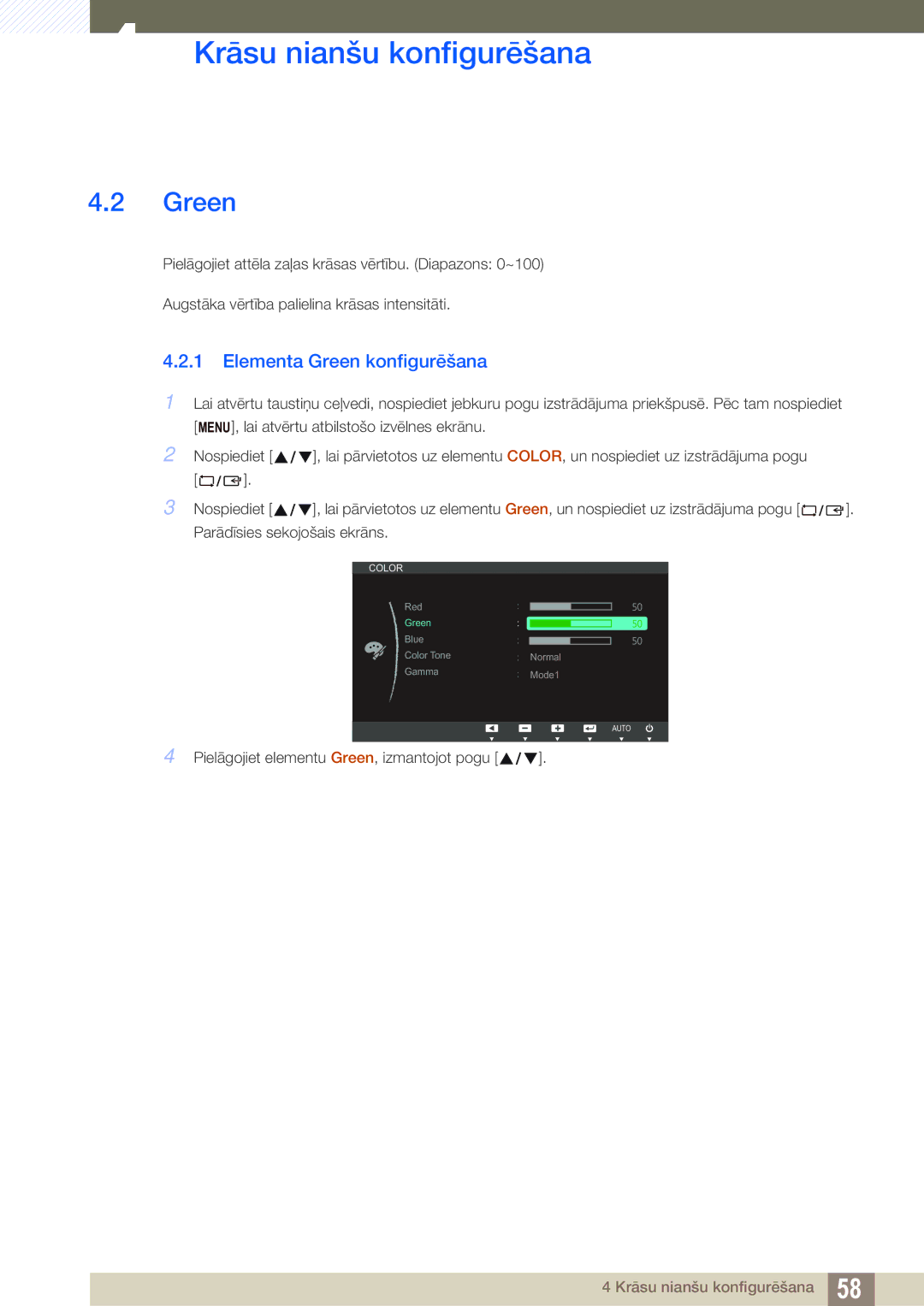 Samsung LS24C65UPC/EN, LS23C65KKS/EN, LS23C65KKC/EN, LS23C65UDC/EN, LS24C65UPL/EN manual Elementa Green konfigurēšana 