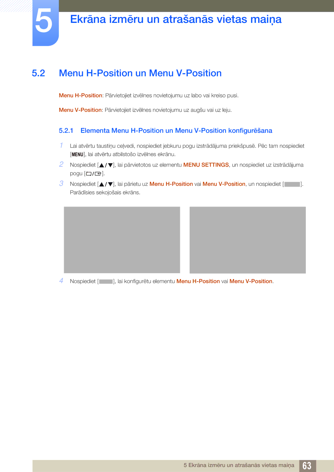 Samsung LS24C65UPL/EN, LS23C65KKS/EN, LS23C65KKC/EN manual Elementa Menu H-Position un Menu V-Position konfigurēšana 