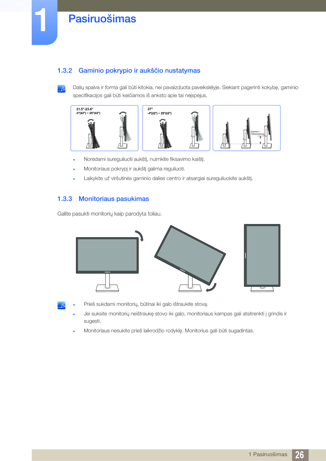 Samsung LS23C65UDC/EN, LS23C65KKS/EN, LS23C65KKC/EN manual Gaminio pokrypio ir aukščio nustatymas, Monitoriaus pasukimas 