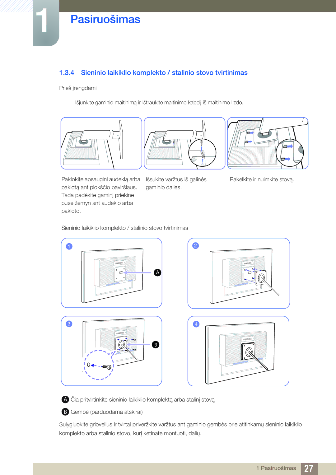 Samsung LS24C65UPL/EN, LS23C65KKS/EN, LS23C65KKC/EN, LS23C65UDC/EN Sieninio laikiklio komplekto / stalinio stovo tvirtinimas 