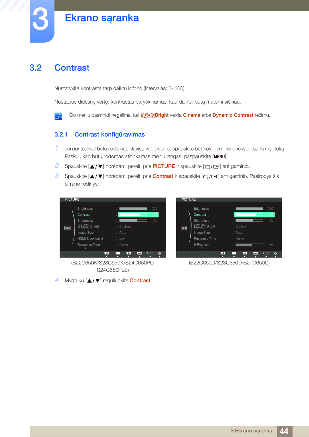 Samsung LS24C65KBWV/EN, LS23C65KKS/EN, LS23C65KKC/EN, LS23C65UDC/EN, LS24C65UPL/EN, LS22C65UDC/EN Contrast konfigūravimas 