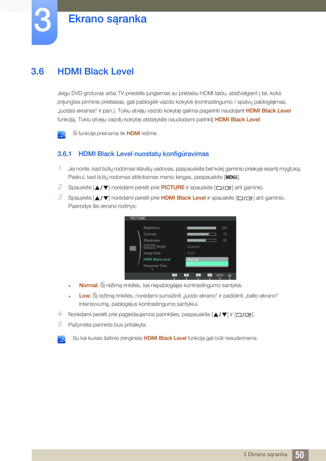 Samsung LS23C65UDC/EN, LS23C65KKS/EN, LS23C65KKC/EN, LS24C65UPL/EN manual Hdmi Black Level nuostatų konfigūravimas 