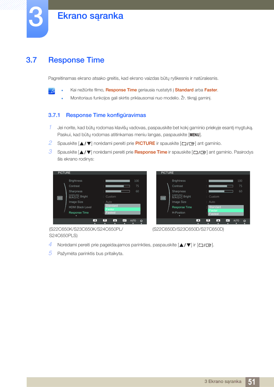 Samsung LS24C65UPL/EN, LS23C65KKS/EN, LS23C65KKC/EN, LS23C65UDC/EN, LS22C65UDC/EN manual Response Time konfigūravimas 