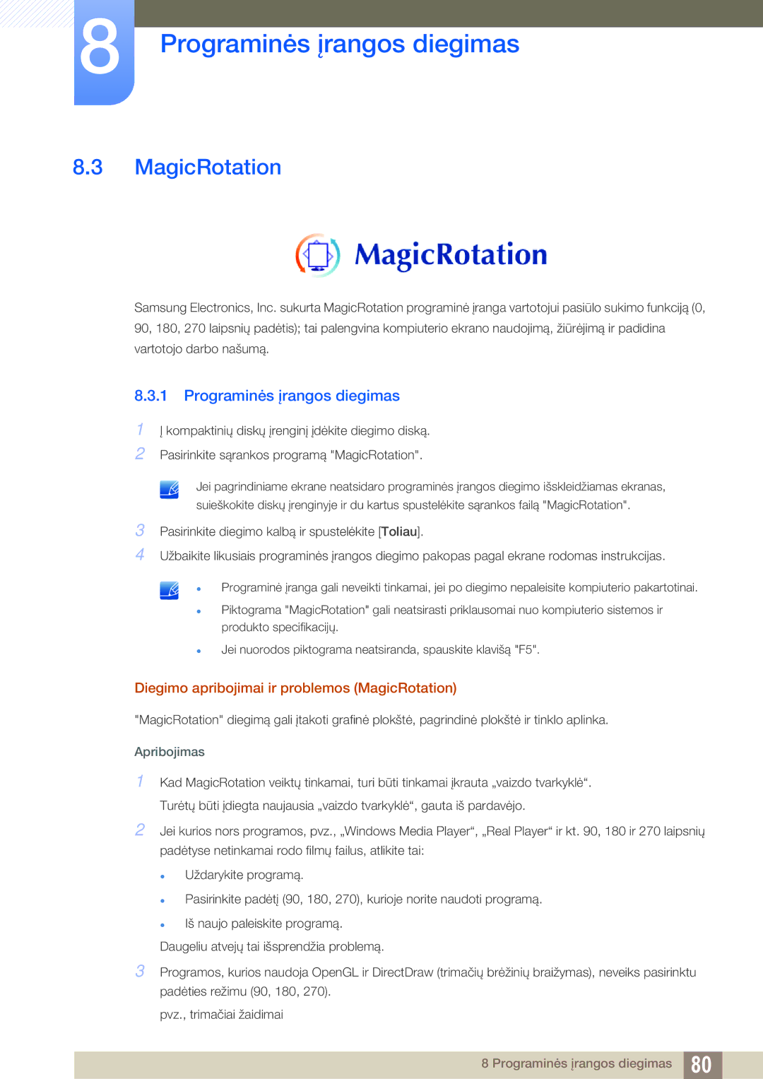 Samsung LS24C65KBWV/EN, LS23C65KKS/EN, LS23C65KKC/EN, LS23C65UDC/EN manual Diegimo apribojimai ir problemos MagicRotation 