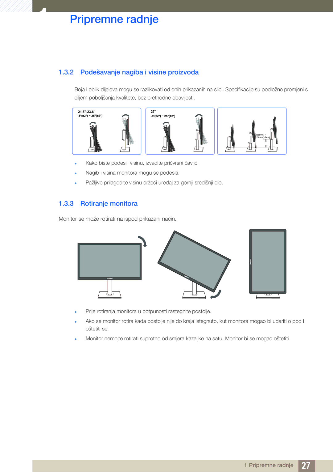 Samsung LS23C65UDS/EN, LS23C65KKS/EN, LS23C65UDC/EN, LS24C65UPL/EN Podešavanje nagiba i visine proizvoda, Rotiranje monitora 