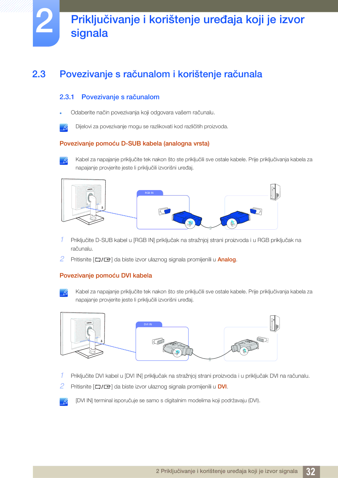 Samsung LS24C65UPL/EN manual Povezivanje s računalom i korištenje računala, Povezivanje pomoću D-SUB kabela analogna vrsta 