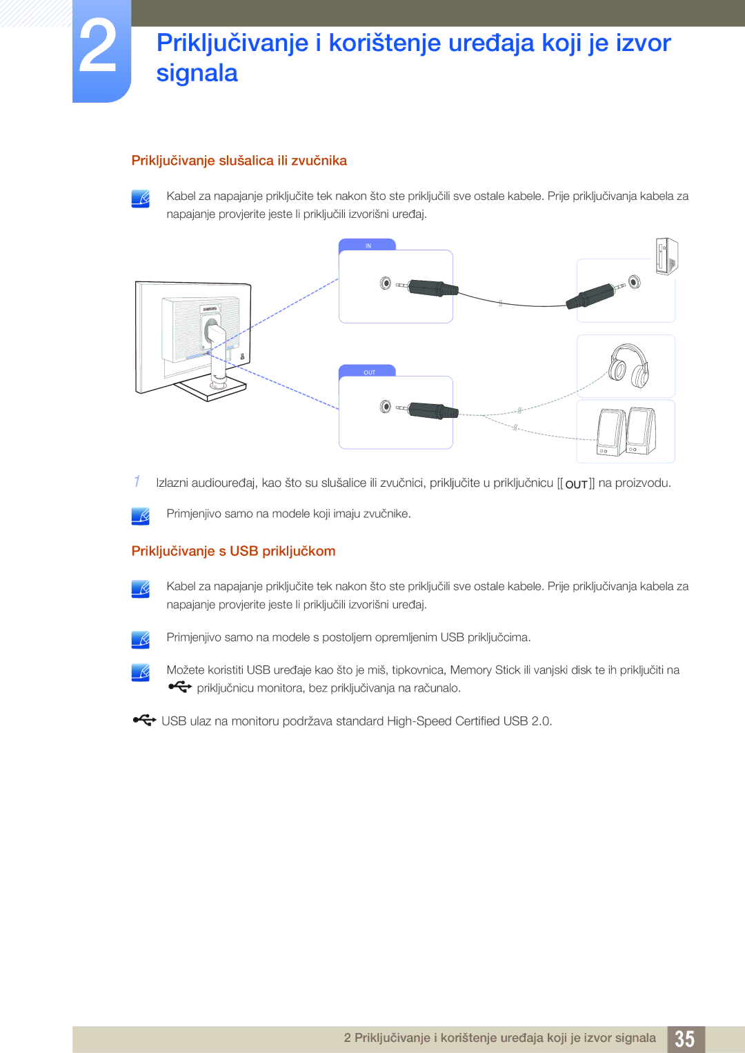 Samsung LS22C65UDS/EN, LS23C65KKS/EN, LS23C65UDC/EN Priključivanje slušalica ili zvučnika, Priključivanje s USB priključkom 