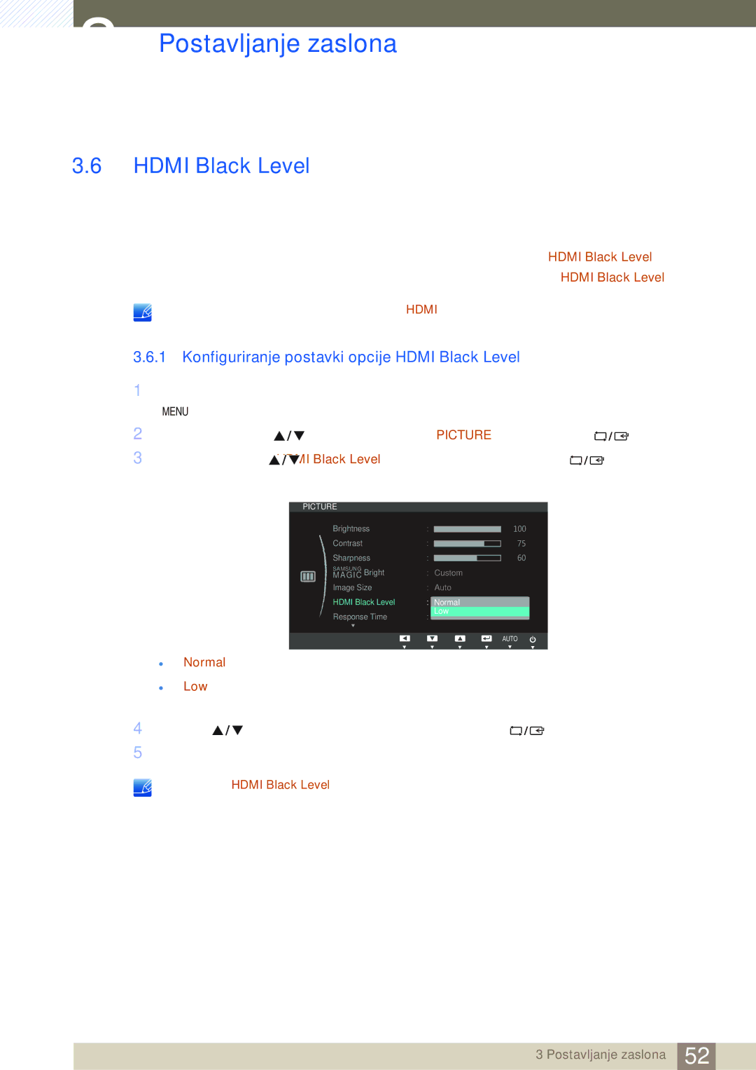 Samsung LS24C65UPL/EN, LS23C65KKS/EN, LS23C65UDC/EN, LS22C65UDC/EN manual Konfiguriranje postavki opcije Hdmi Black Level 