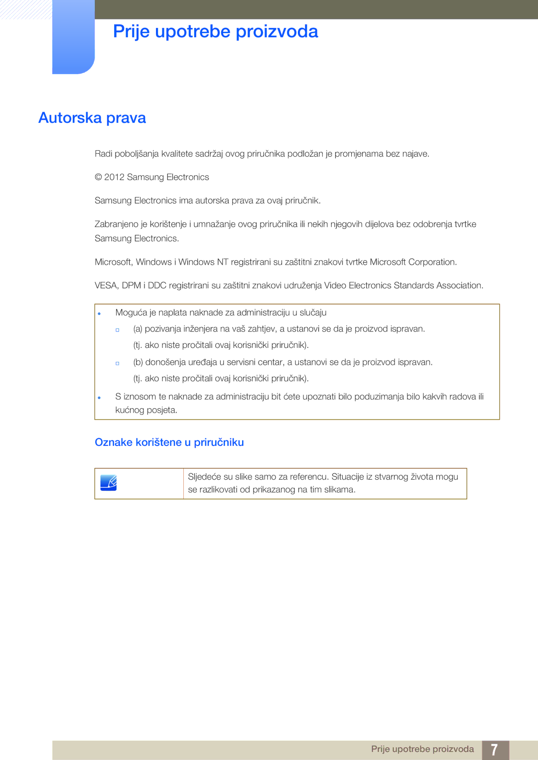 Samsung LS23C65UDS/EN, LS23C65KKS/EN, LS23C65UDC/EN Prije upotrebe proizvoda, Autorska prava, Oznake korištene u priručniku 