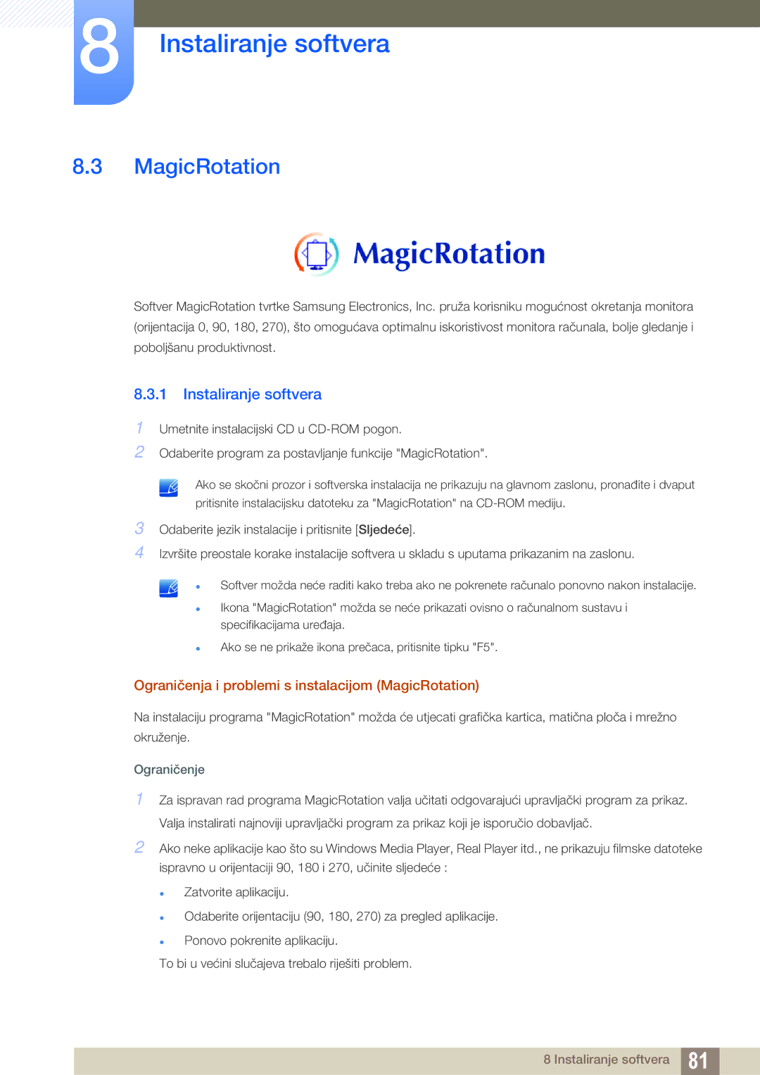 Samsung LS23C65UDC/EN, LS23C65KKS/EN, LS24C65UPL/EN, LS22C65UDC/EN Ograničenja i problemi s instalacijom MagicRotation 