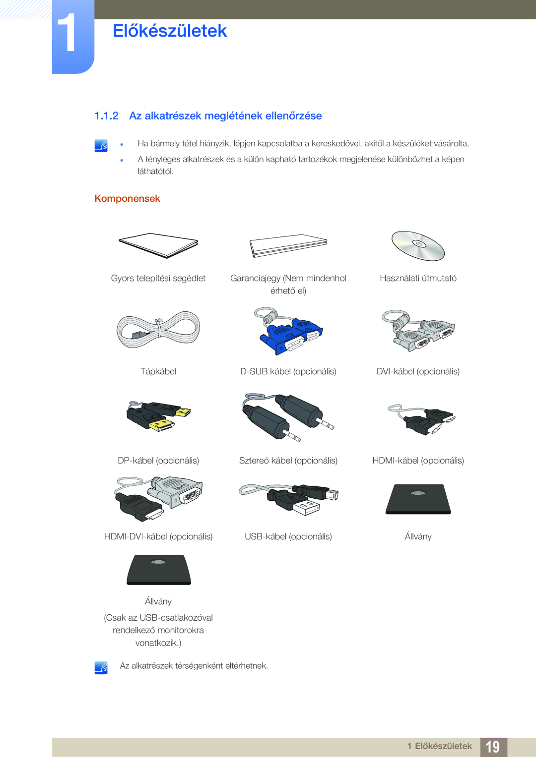 Samsung LS22C65KKC/EN, LS23C65KKS/EN, LS23C65UDC/EN, LS24C65UPL/EN manual Az alkatrészek meglétének ellenőrzése, Komponensek 