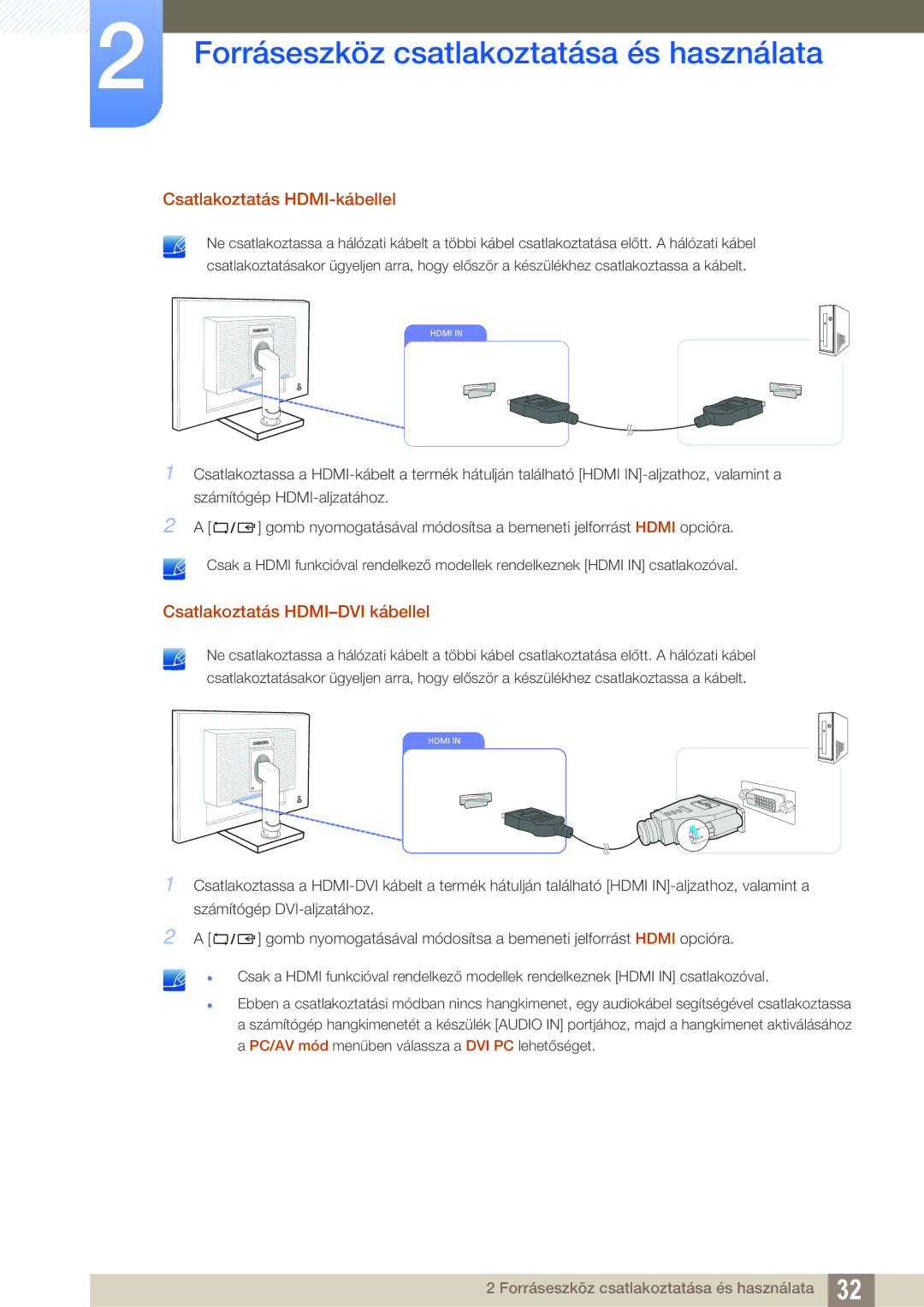 Samsung LS24C65UPL/EN, LS23C65KKS/EN, LS23C65UDC/EN manual Csatlakoztatás HDMI-kábellel, Csatlakoztatás HDMI-DVI kábellel 