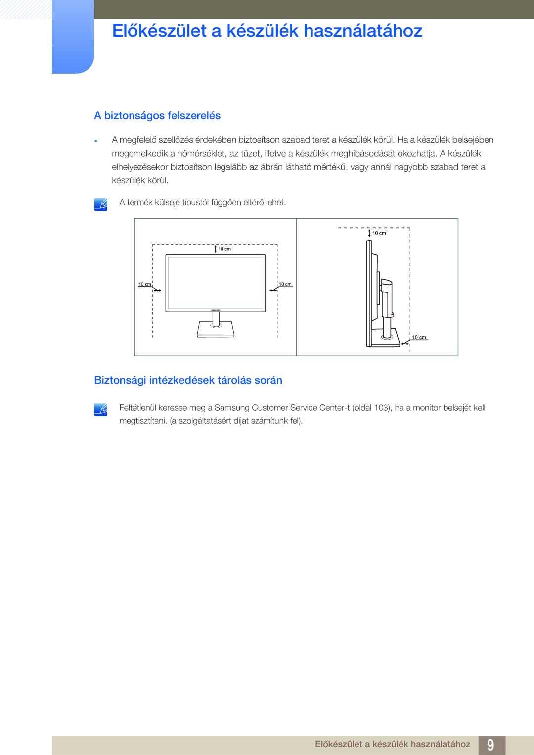 Samsung LS22C65KKC/EN, LS23C65KKS/EN, LS23C65UDC/EN manual Biztonságos felszerelés, Biztonsági intézkedések tárolás során 