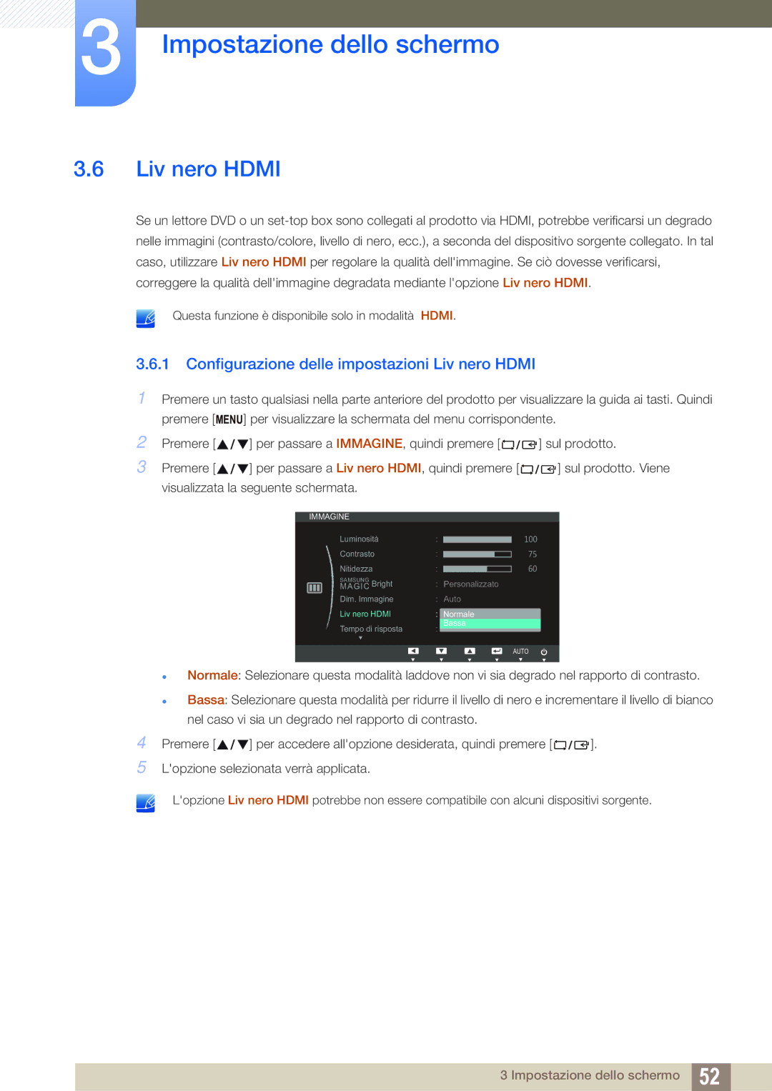 Samsung LS27C65UDS/EN, LS23C65UDC/EN, LS22C65UDC/EN, LS24C65KBWV/EN manual Configurazione delle impostazioni Liv nero Hdmi 