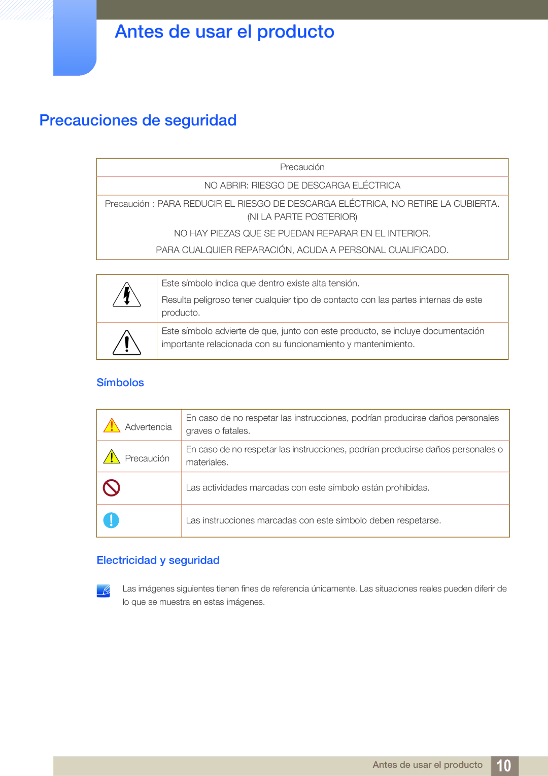 Samsung LS22C65UDS/EN, LS23C65UDC/EN, LS24C65UPL/EN manual Precauciones de seguridad, Símbolos, Electricidad y seguridad 